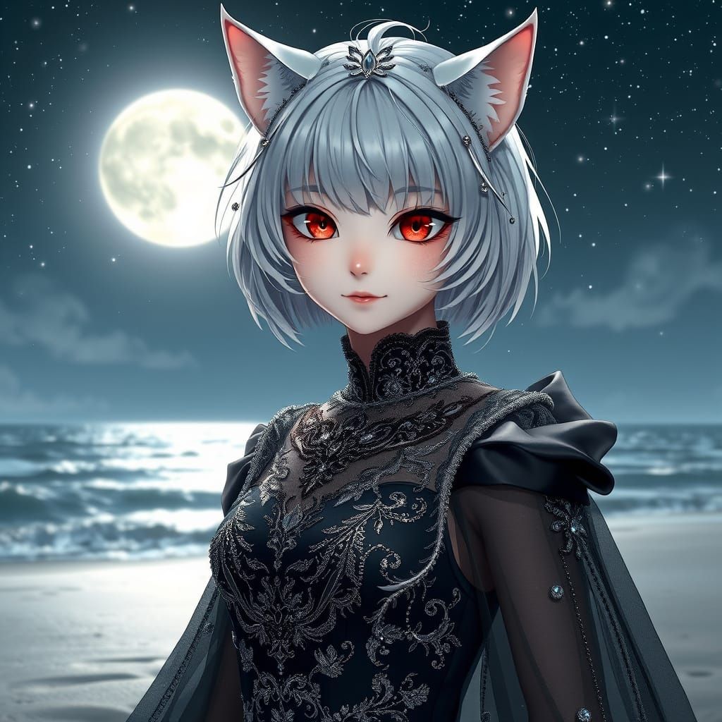 Stunning Cat Girl Under Starry Night in Elegant Black Gown