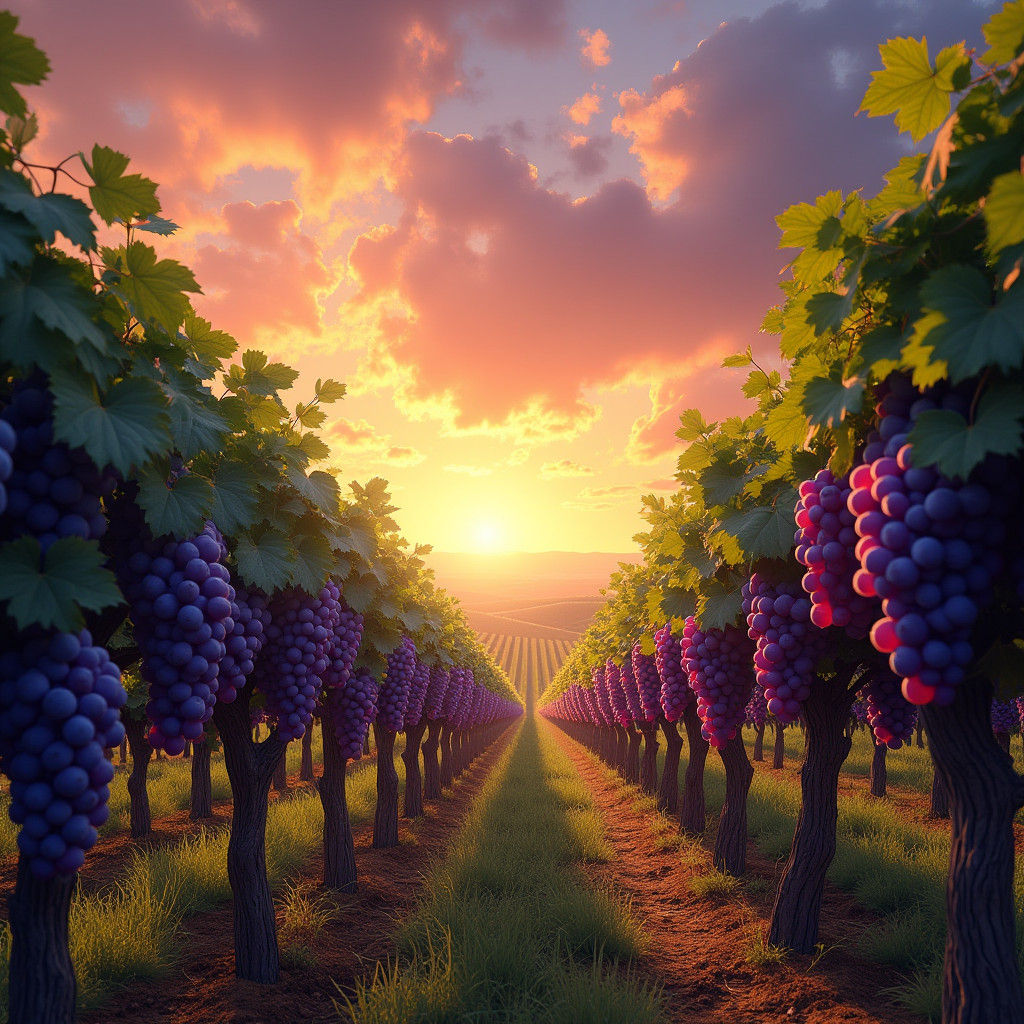 Lush Vineyard with Purple Grapes in Hyper-Realistic Style