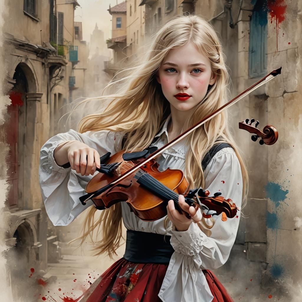 Happy Pale Girl Plays Violin: Detailed Matte Painting