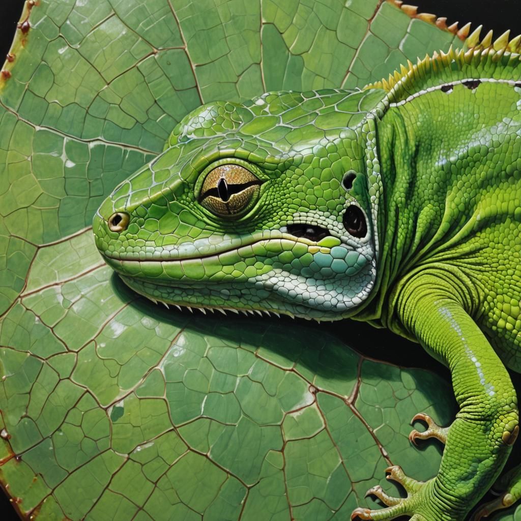 Detailed Green Gecko Portrait in Oil Painting Style