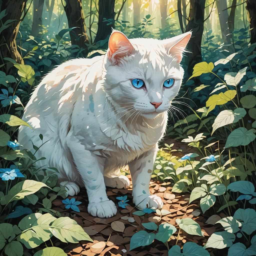 White Cat Hunting Mouse in Anime Style