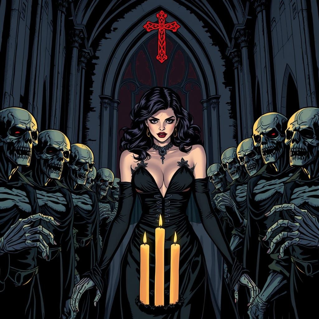 Goth Woman Sacrifice in Vintage Horror Comic Style