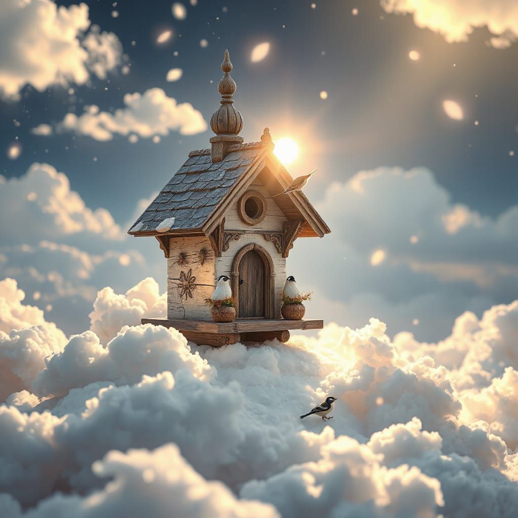 Heavenly Birchwood Birdhouse with Snow Buntings