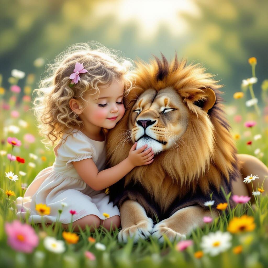 Girl Petting Blissful Lion in Fairytale Meadow