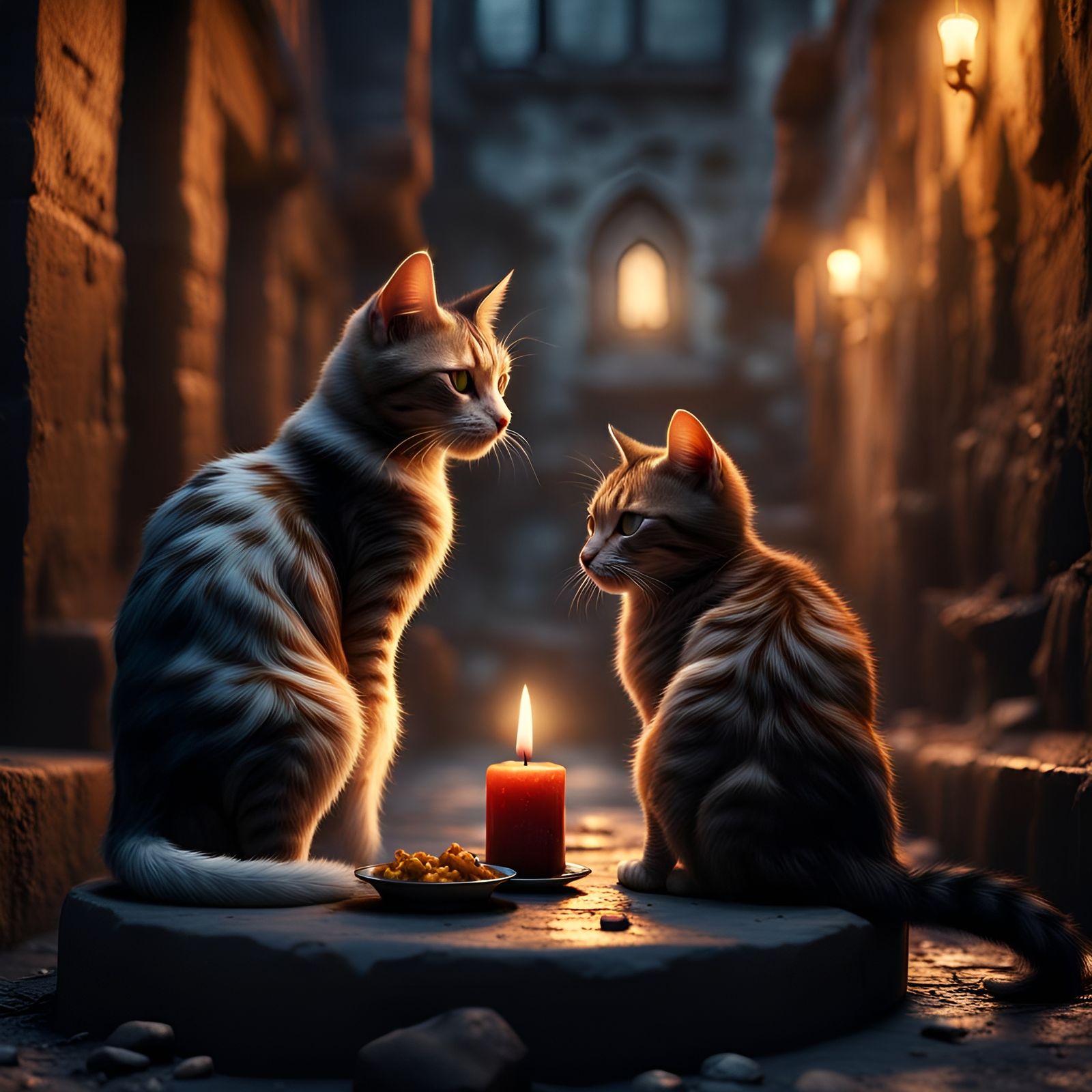 Cats' Wholesome Candlelit Dinner in Alleyway
