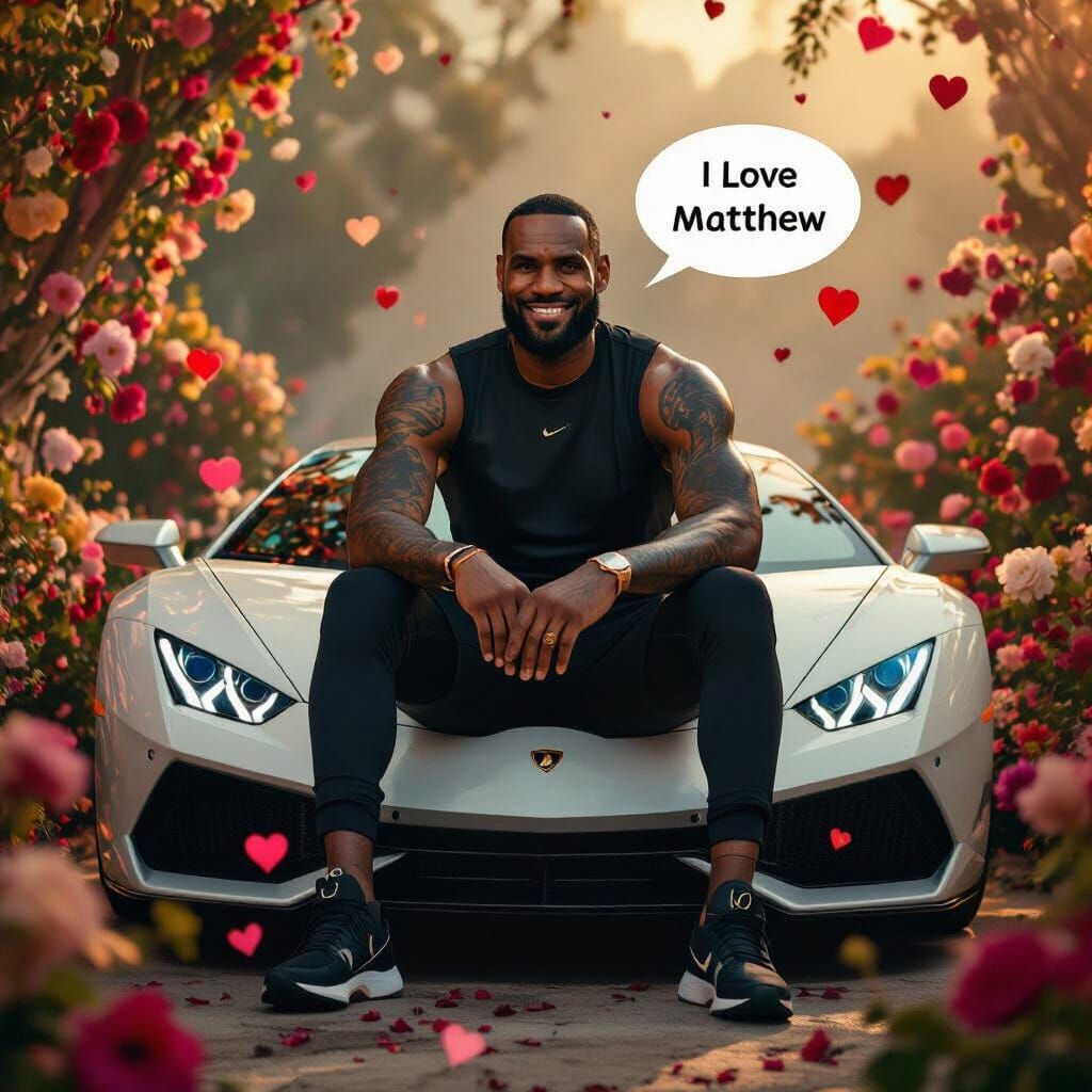 Romantic Film Still: Man on Lamborghini with Flowers
