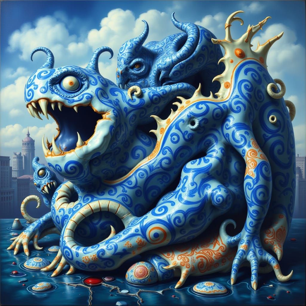 Majestic Blue Cityscape in Delicate Monsters Style