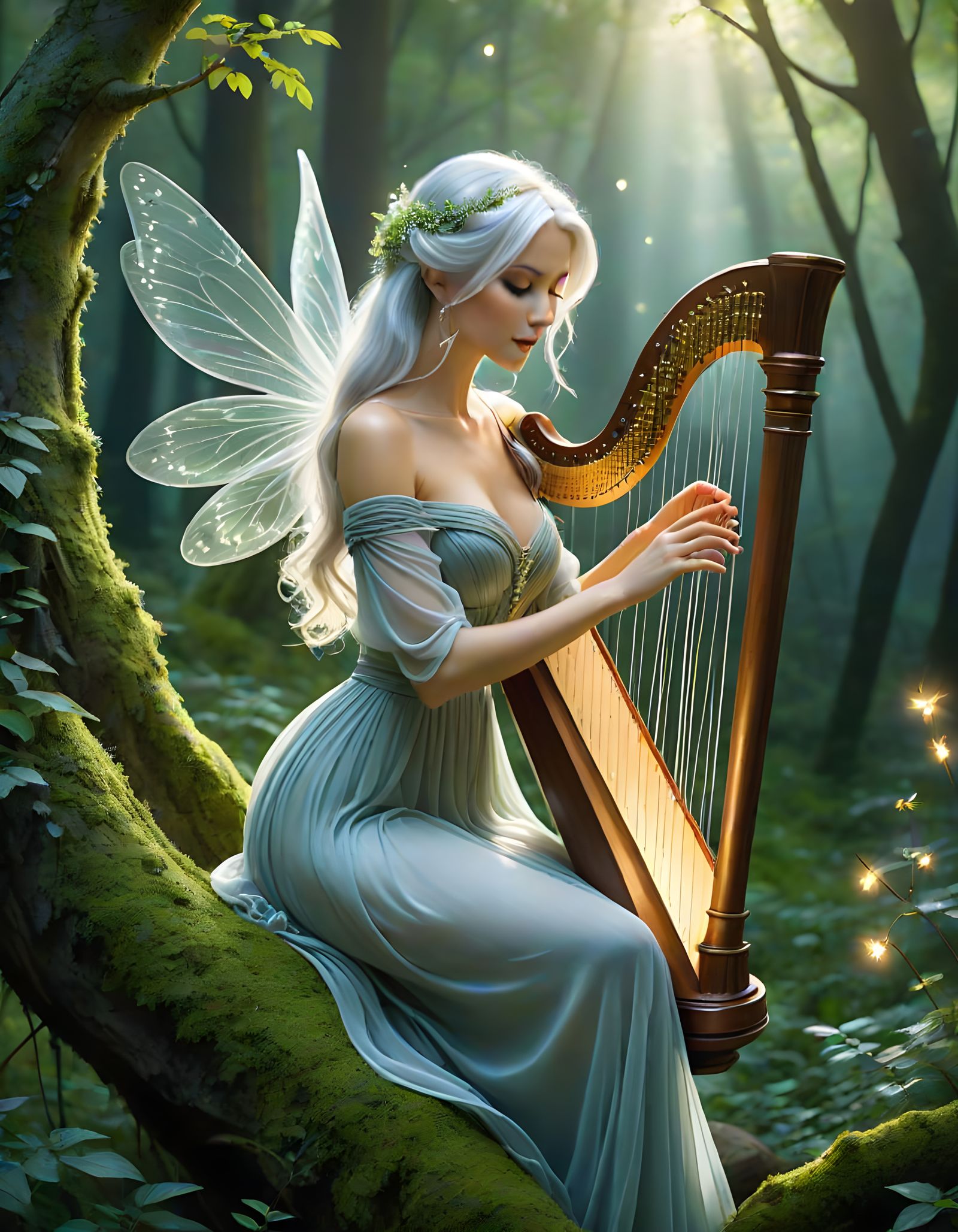 Fairy Harpist in Moonlit Forest Glade