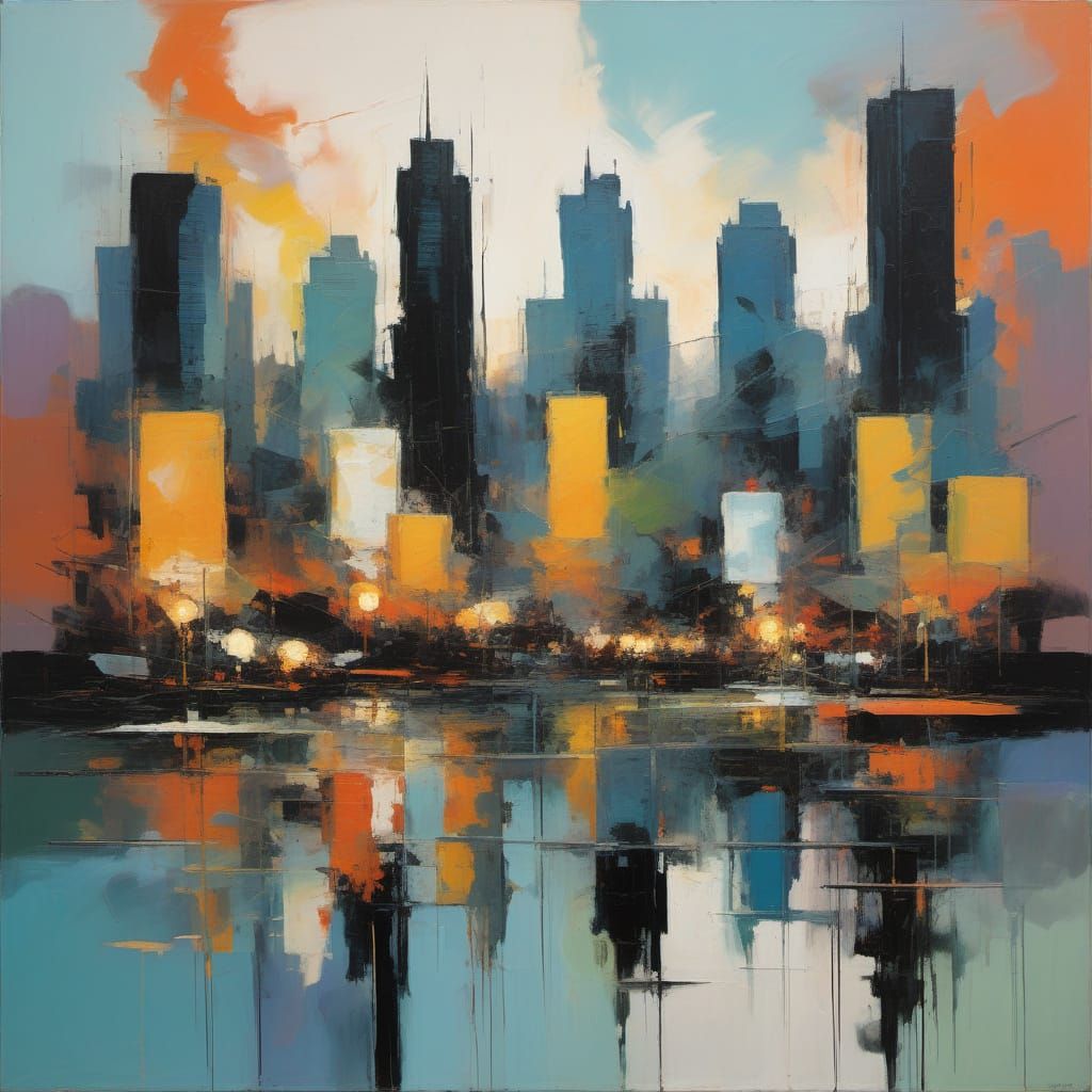 Abstract Cityscape at Dusk in de Kooning Style