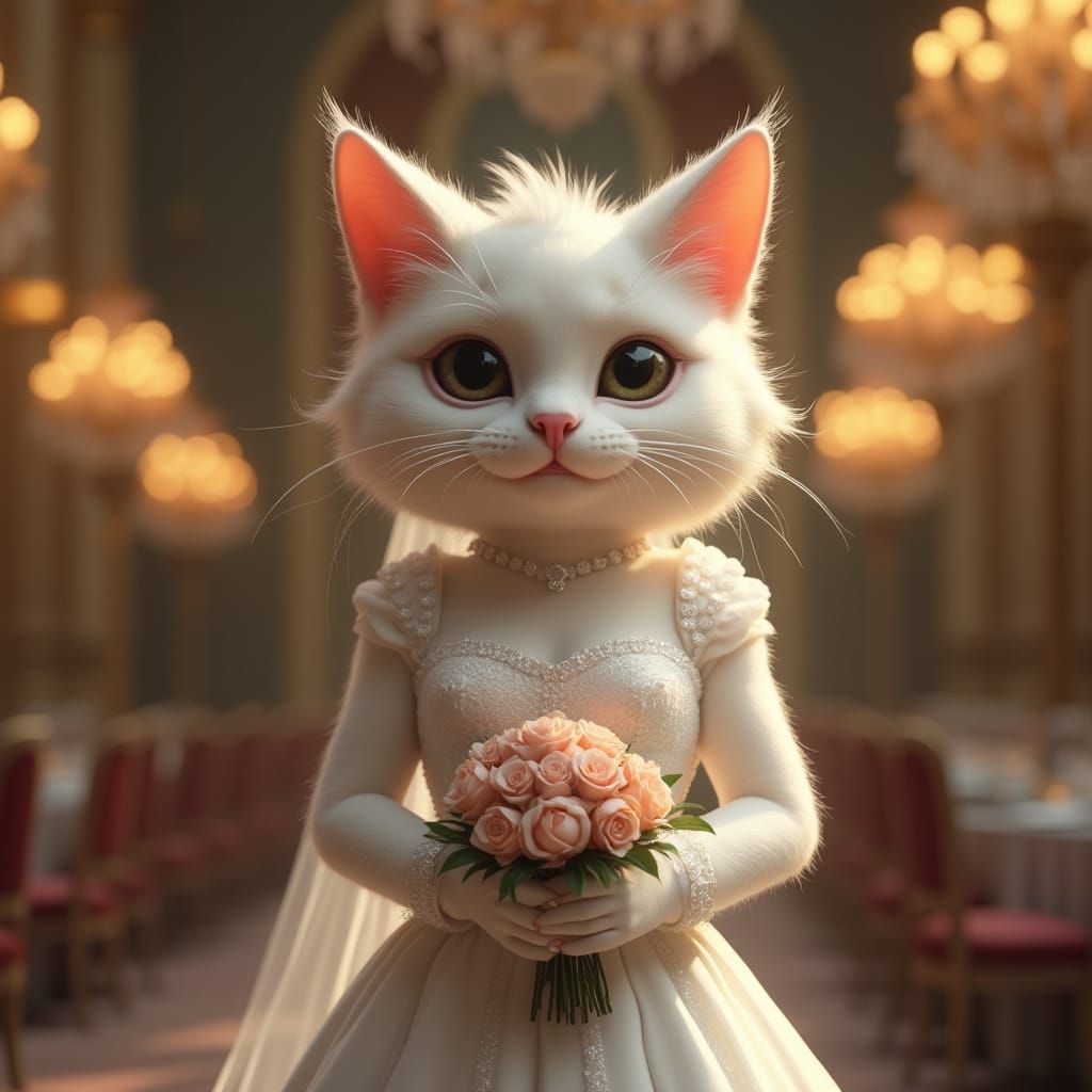 Cat Bride in Ballroom, Anthropomorphic Digital Art