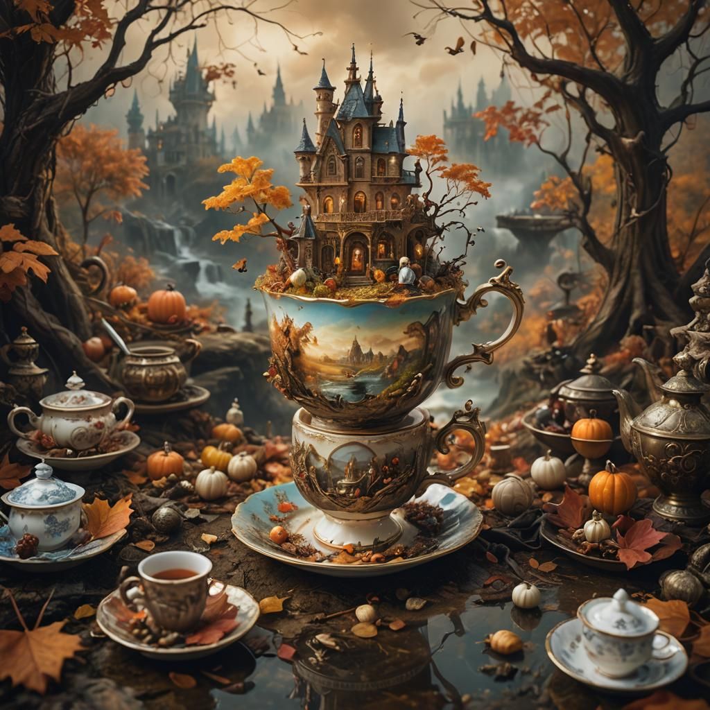 Miniature Fantasy World in Teacup: Hyperdetailed Digital Art
