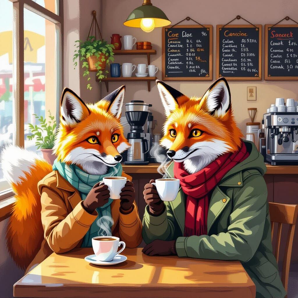 Friendly Fox People Drinking Coffee: Gouache Painting