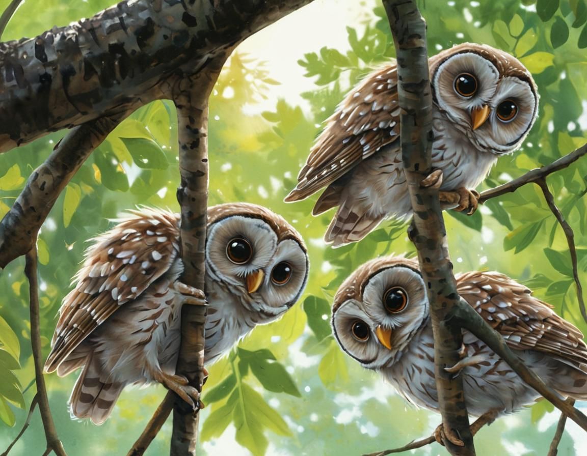 Baby Owls in Lush Foliage: Hyper-Realistic Splash Art