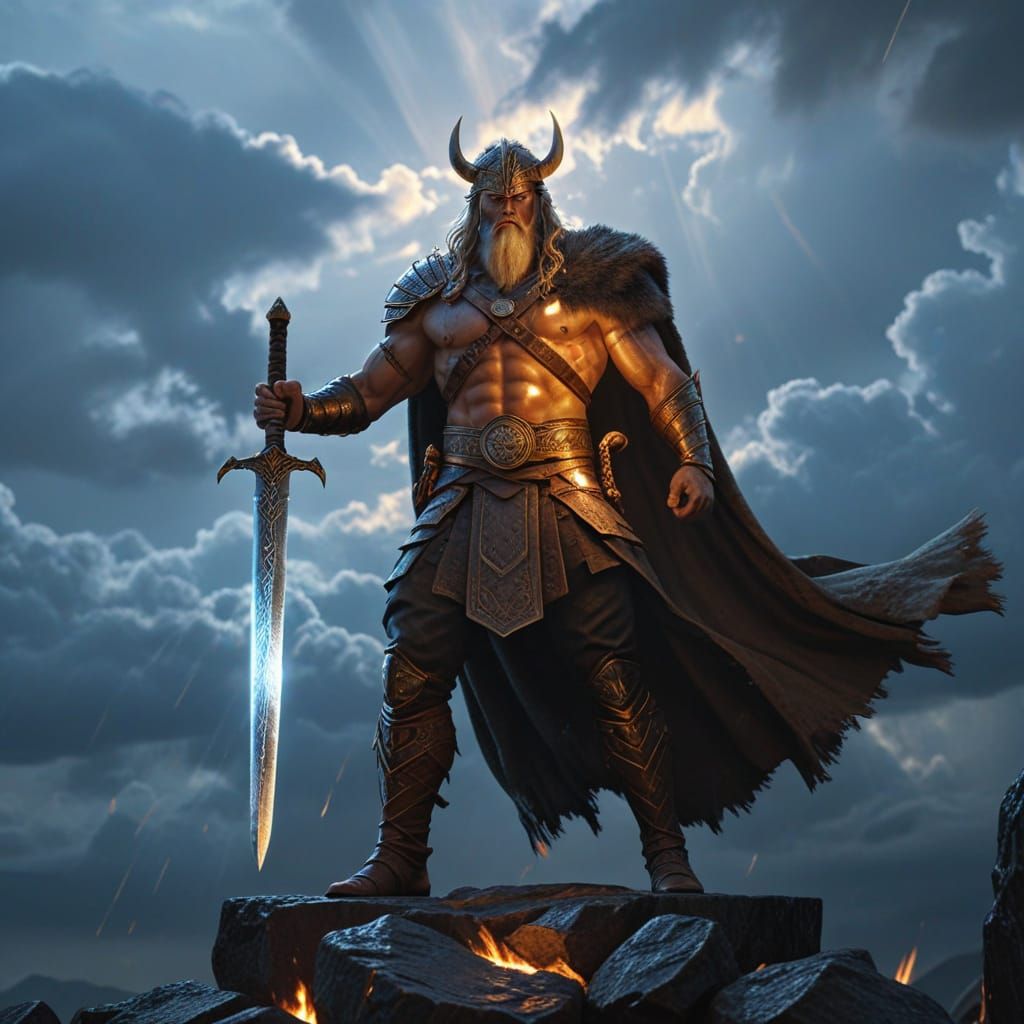 Norse Warrior God with Glowing Sword in Twilight