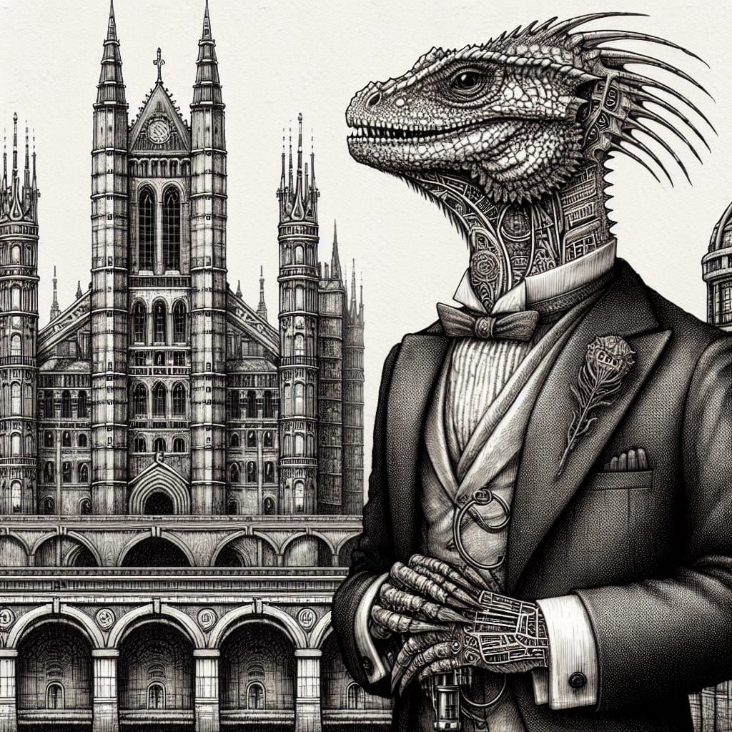 Lizard in Formal Costume with Dystopian Architecture