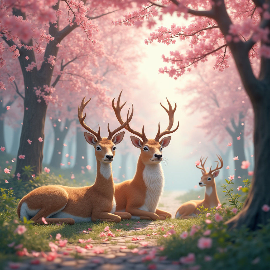 Deer in Cherry Blossom Forest, Fantasy Concept Art