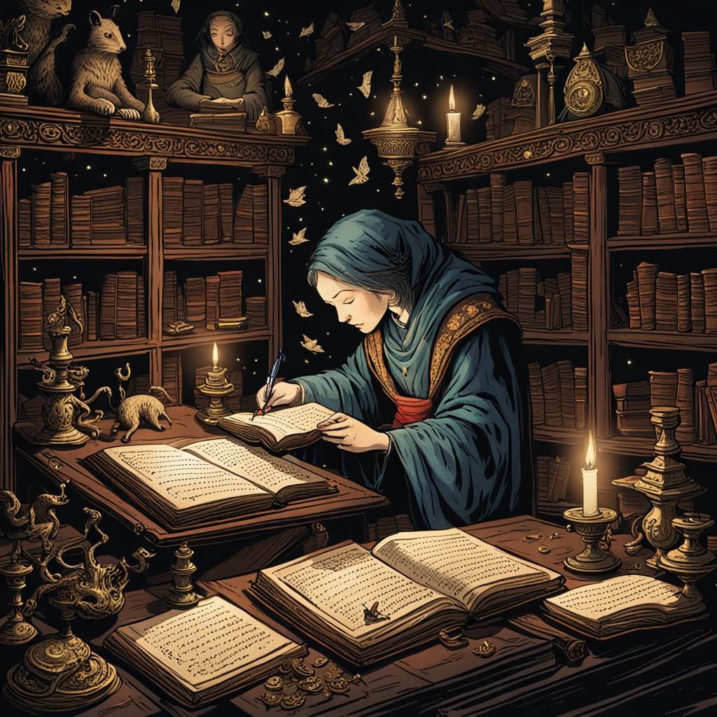Scribe Transcribing Mystical Incantation in Dark Library