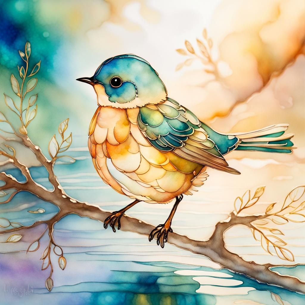 Dreamy Watercolor Songbird Perched on River Branch