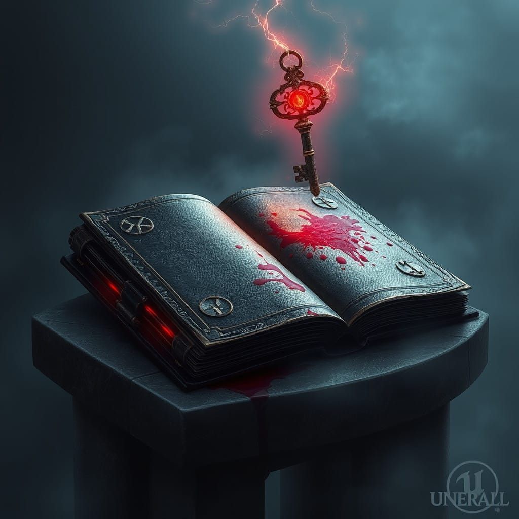 Ancient Tome and Mysterious Key in Haunting Fantasy Scene