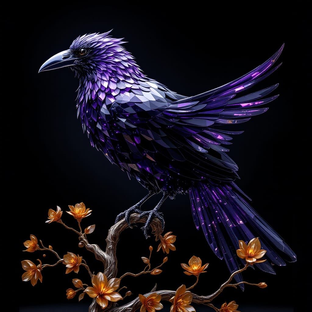 Majestic Raven Sculpture Crafted from Black and Purple Gems