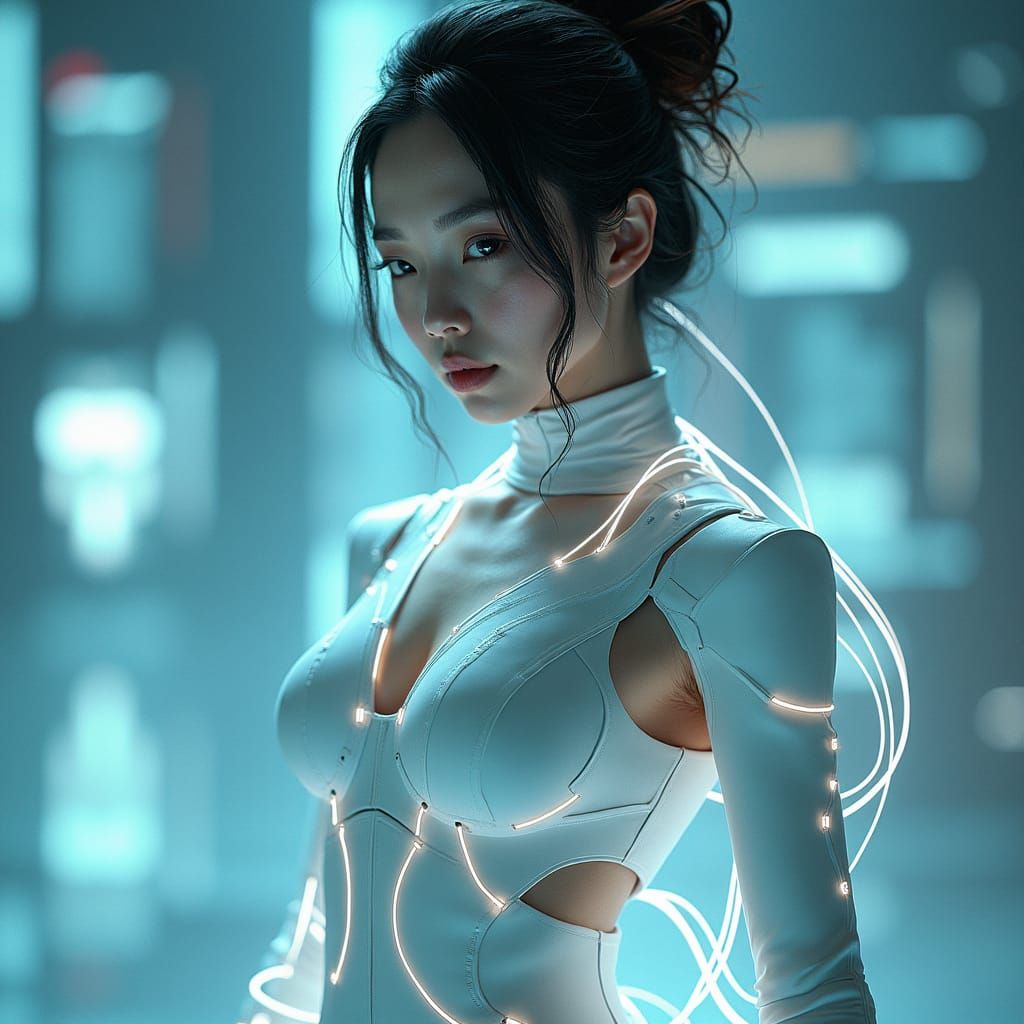 Asian Woman Bound to Digital Interface in Sci-Fi Film Still