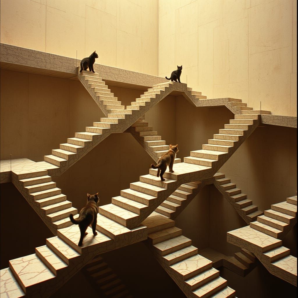 Cats on Impossible Staircases in Escher Style