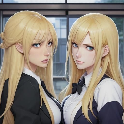 Blonde Schoolgirls Staredown Fight in Anime Style