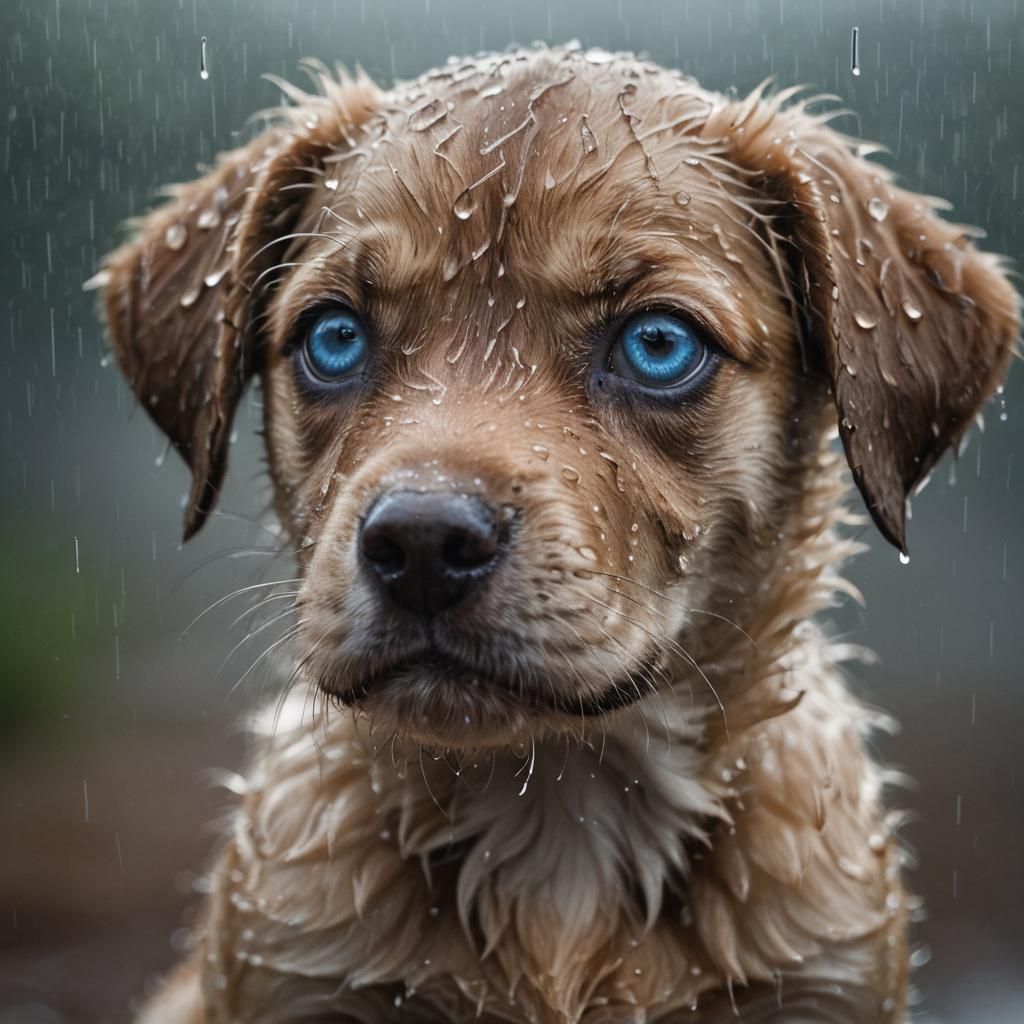 Blue-Eyed Puppy in Rain: Surreal Wildlife Photography