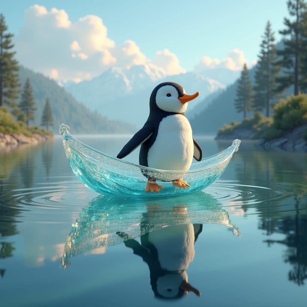 Whimsical Penguin in Glass Boat, as Matte Painting