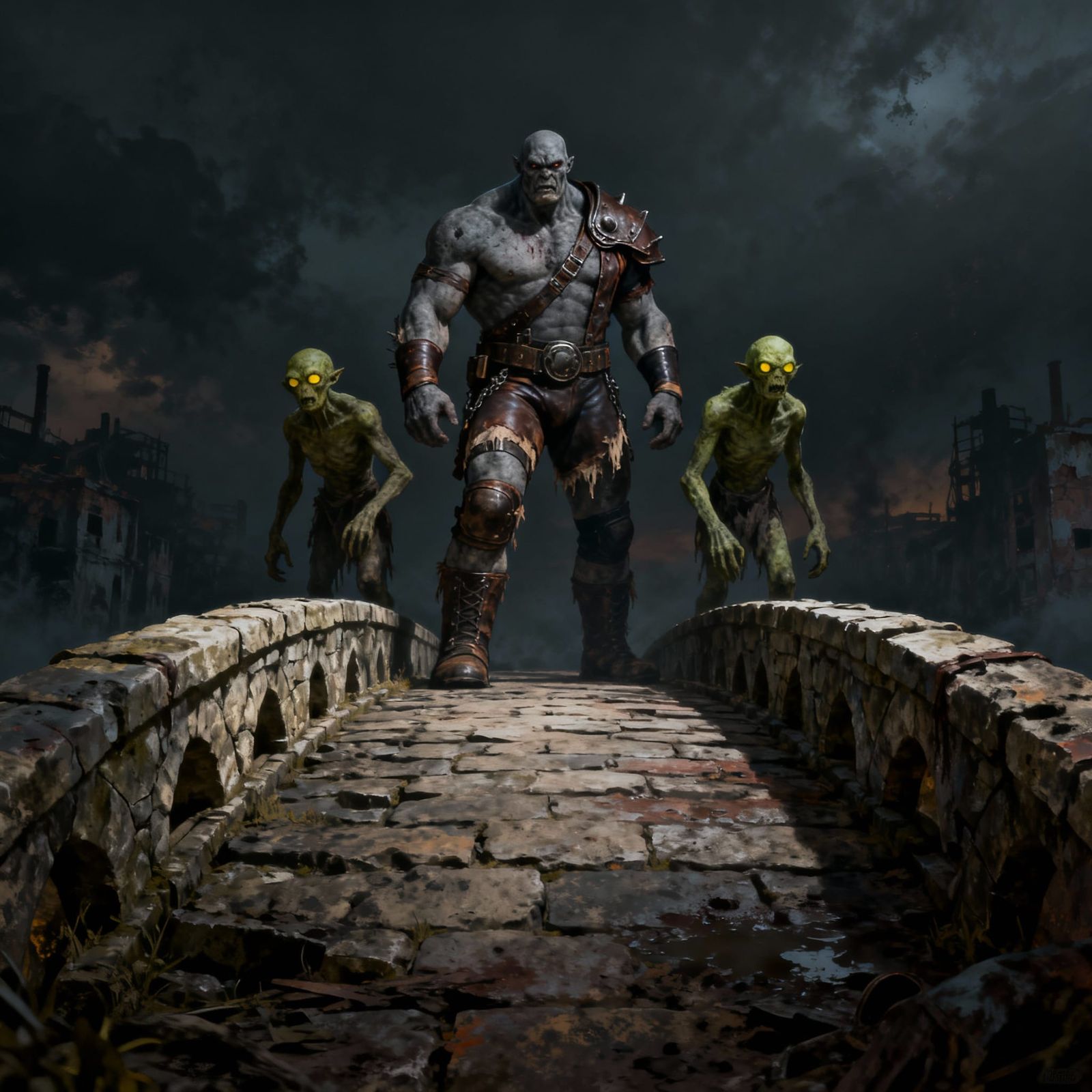Mutants Guard Stone Bridge in Post-Apocalyptic Art Style
