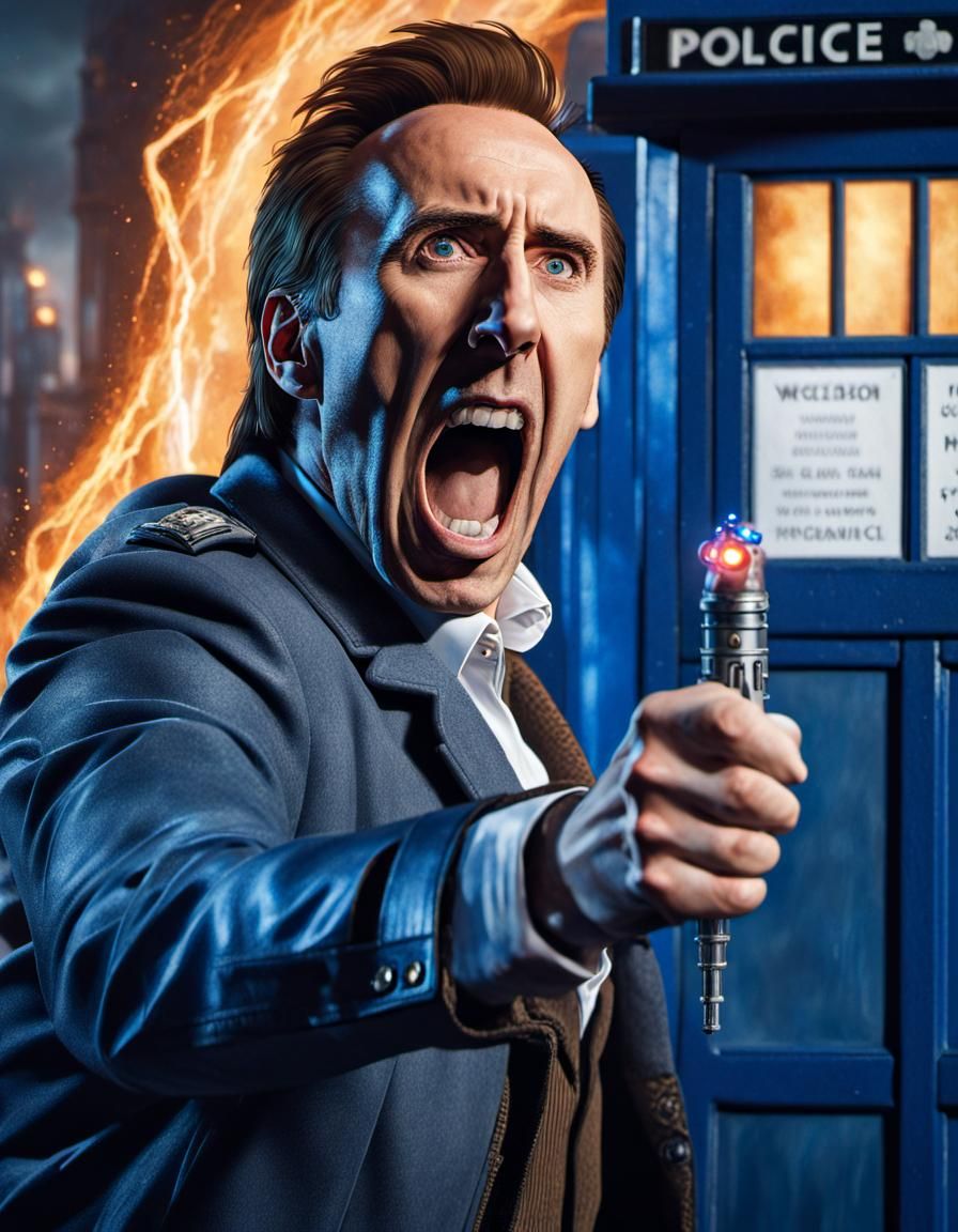 Hyperrealistic Nicholas Cage Screaming with Sonic Screwdrive...