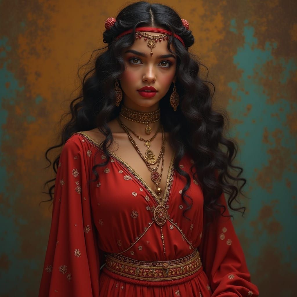 Mystical Indian Gypsy Woman in Crimson Attire Against Burnt...