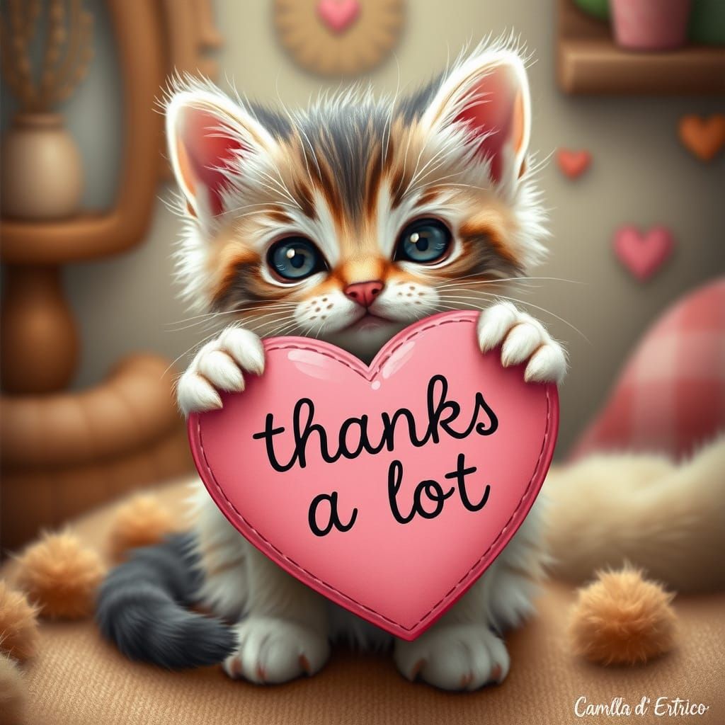 Cute Kitten Holds Heart Sign in Pop Surrealist Style