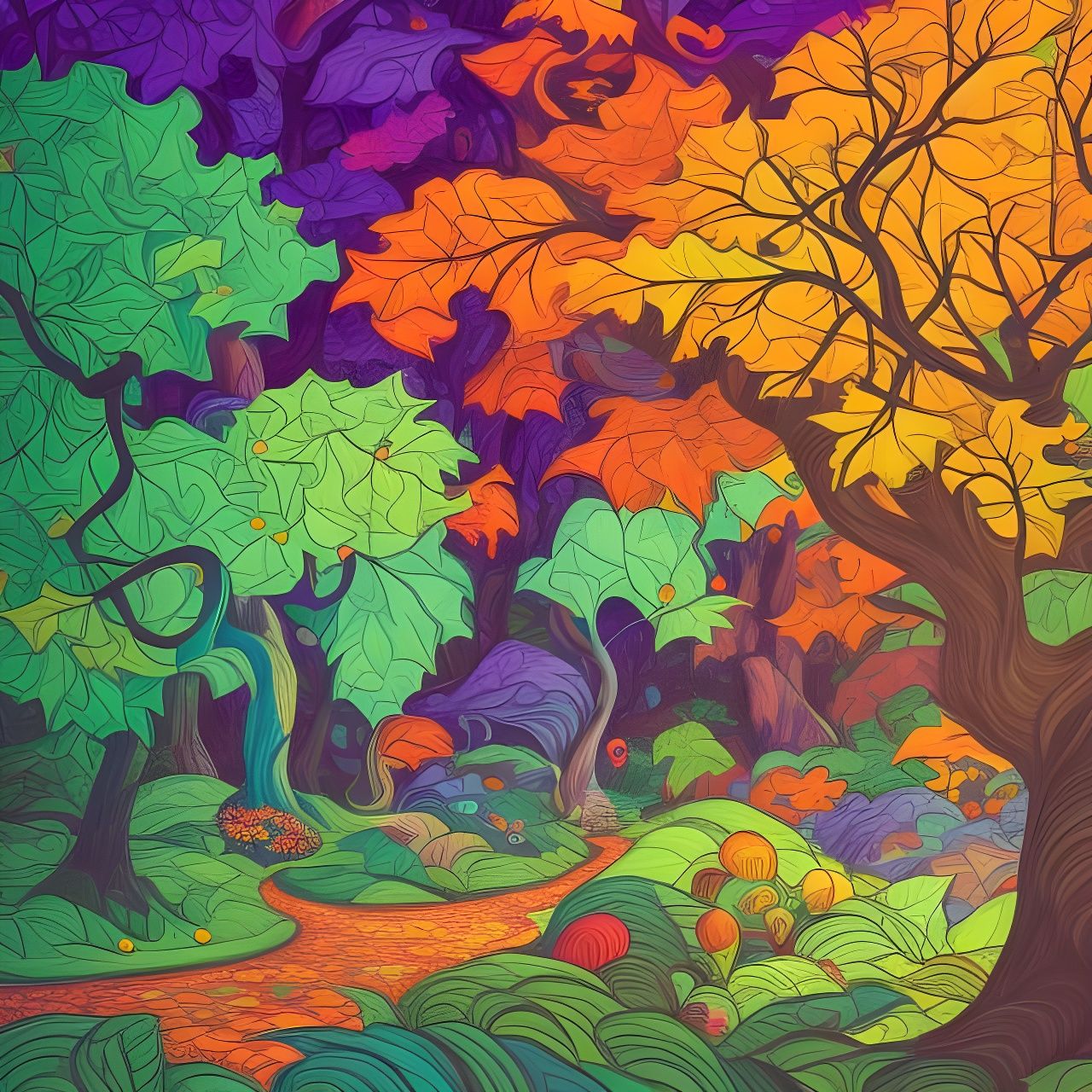 Colorful Forest Landscape in Whimsical Style