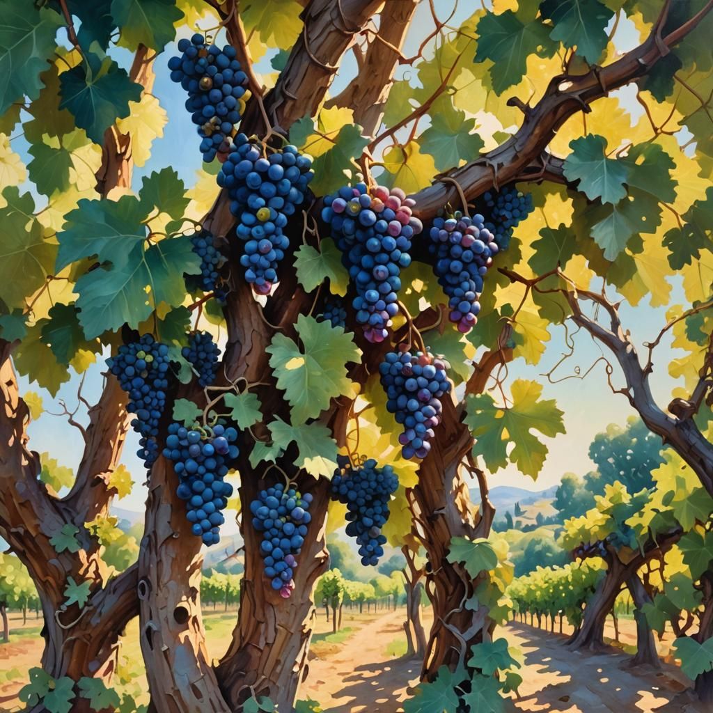 Lush Vineyard with Grapes as Oil Painting