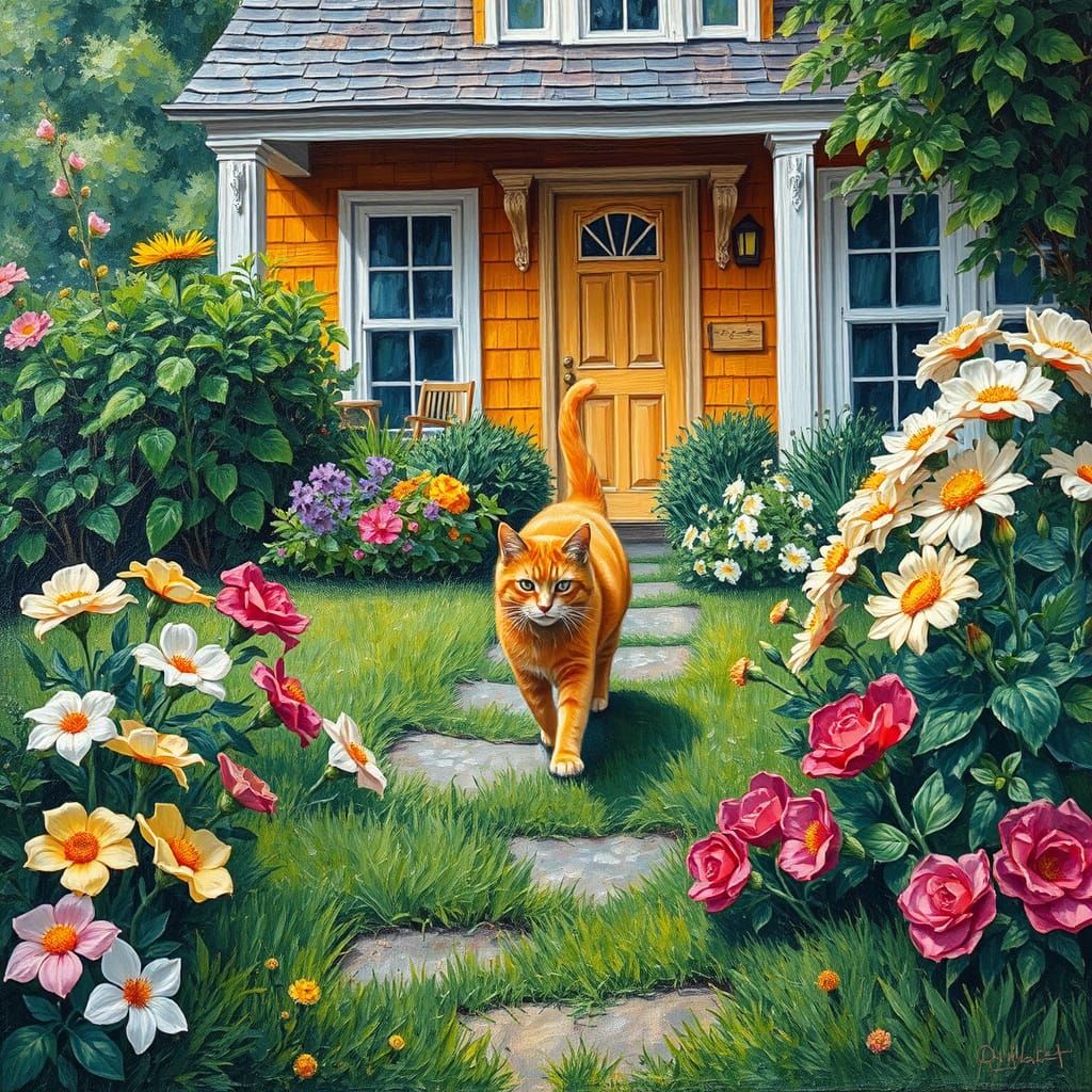 Vibrant Orange Cat Explores a Neo-Impressionist Garden