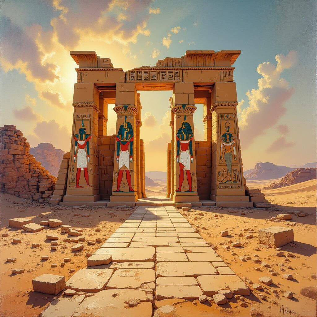 Serene Egyptian Temple Ruins in Desert Landscape