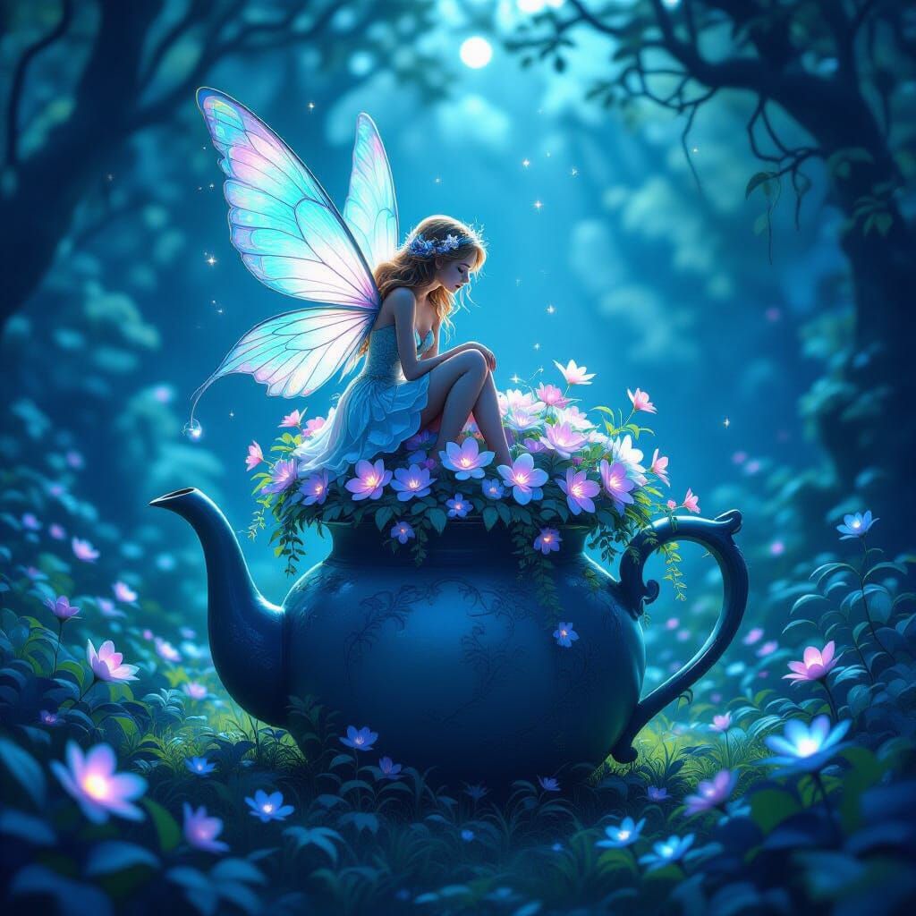 Whimsical Fairy on Antique Teapot with Bioluminescent Flower...
