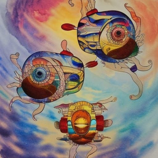 Watercolor Gemini Trio in Retrofuturistic Style