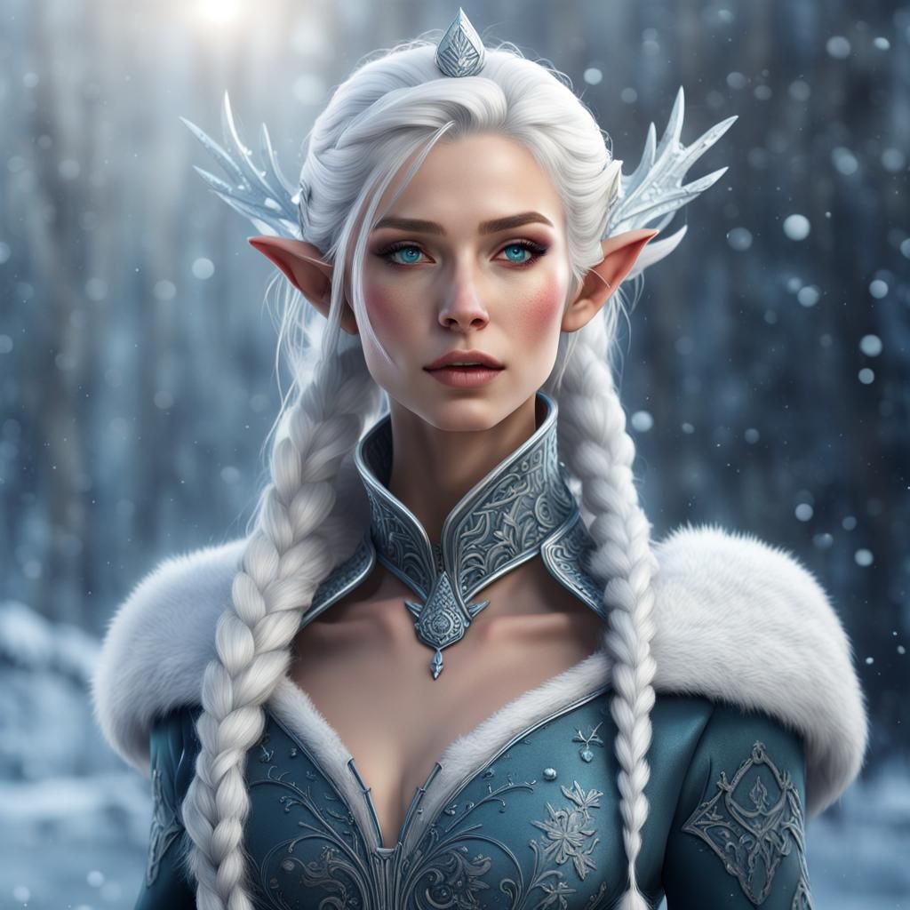 Nordic elf with white hair. Snowy background.