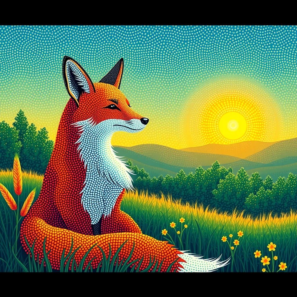 Pointillist Fox Gazing at Sunset in Countryside