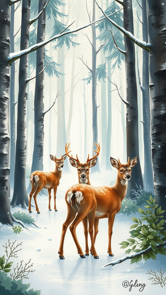 Fantasy Forest Scene with Deer in Watercolor Style