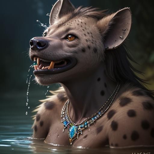 Hyperrealistic Hyena with Jewelry in Watering Hole