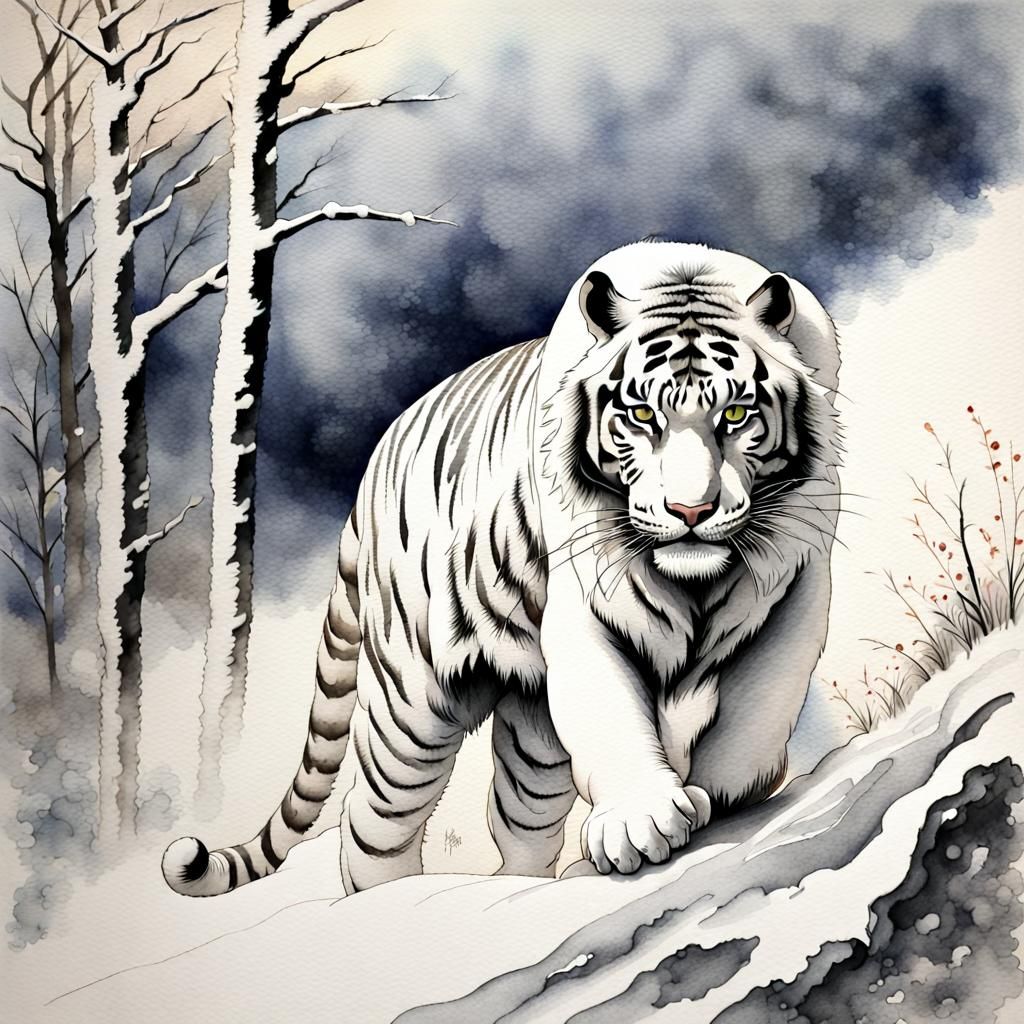 White Siberian Tiger in Misty Watercolor Landscape