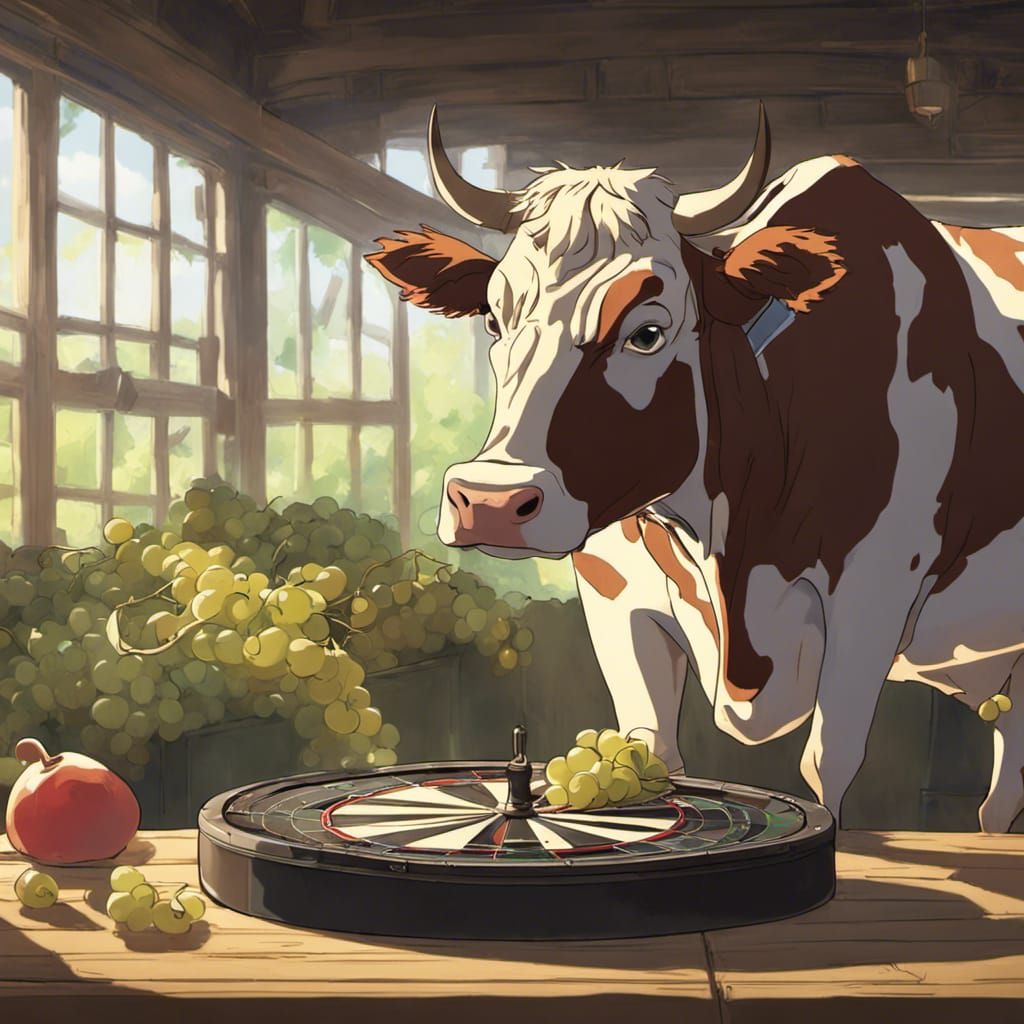Grapes, Dartboard, and Cow in Ghibli Anime Style
