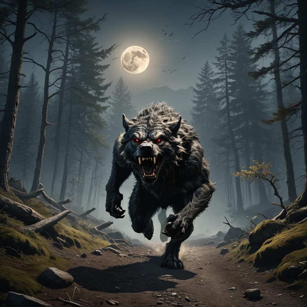 Hyper-Realistic Werewolf Running on Mountain Trail