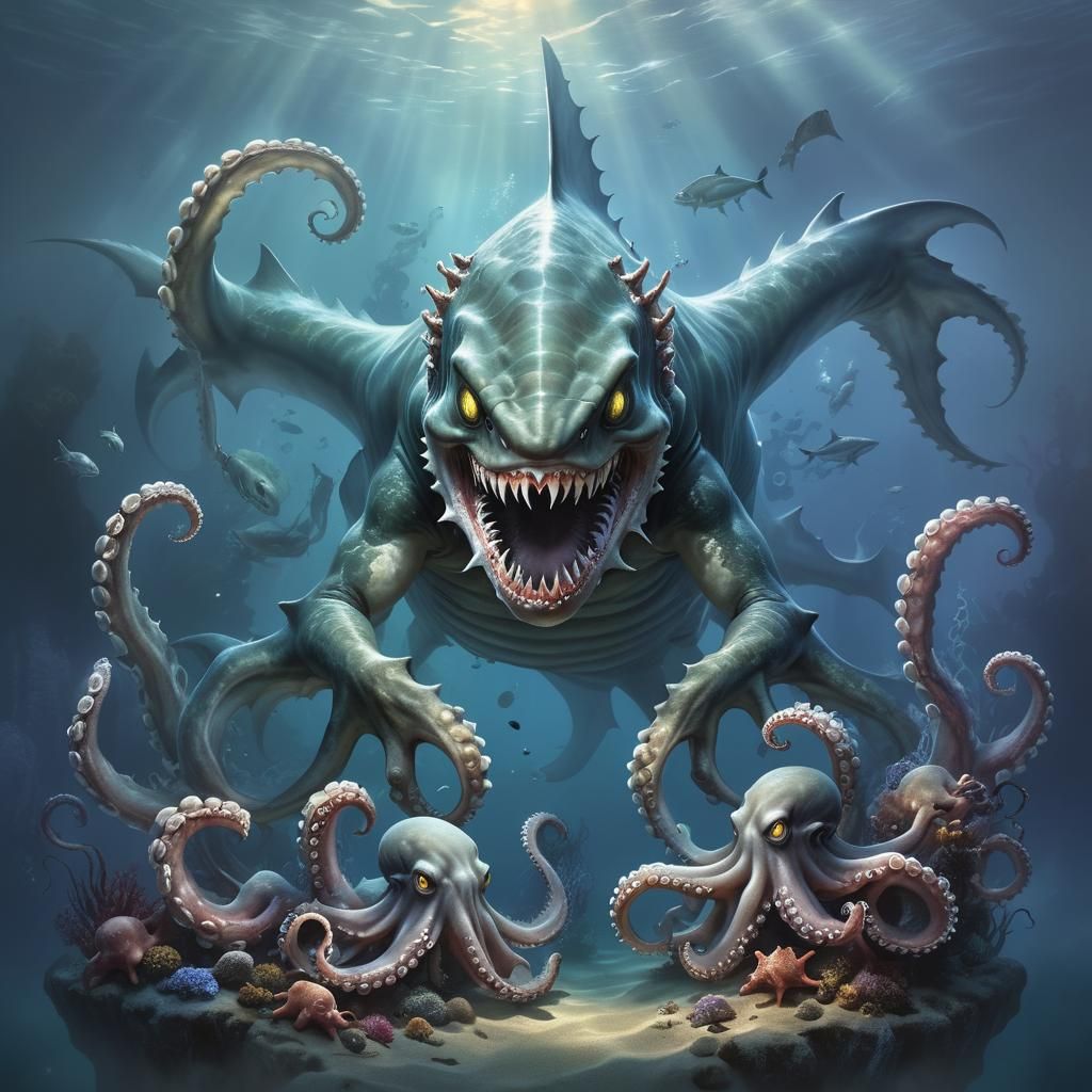 Creepy Fish Creature with Tentacles in Ethereal Style