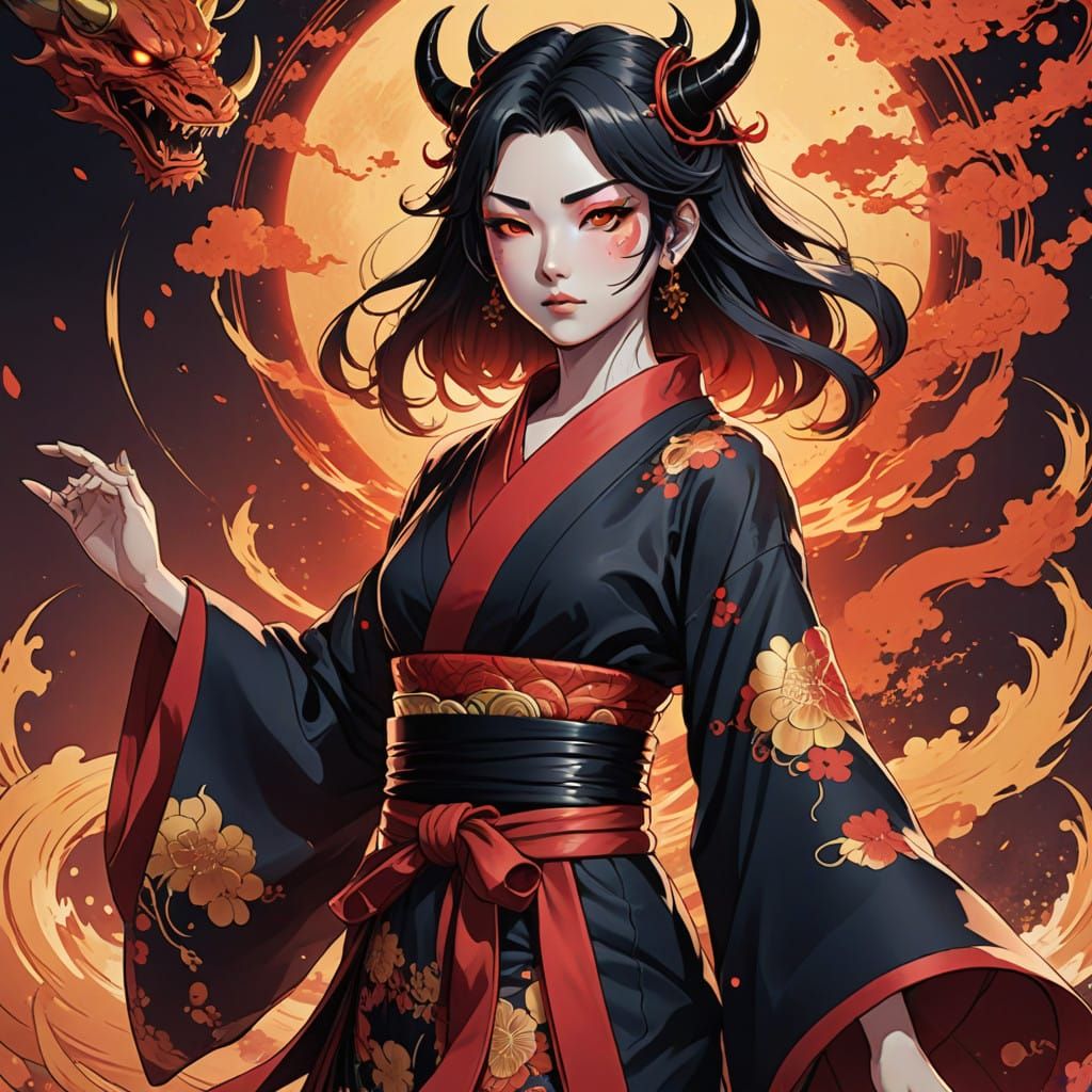 Surreal Oni Siren in Vibrant Manga Style