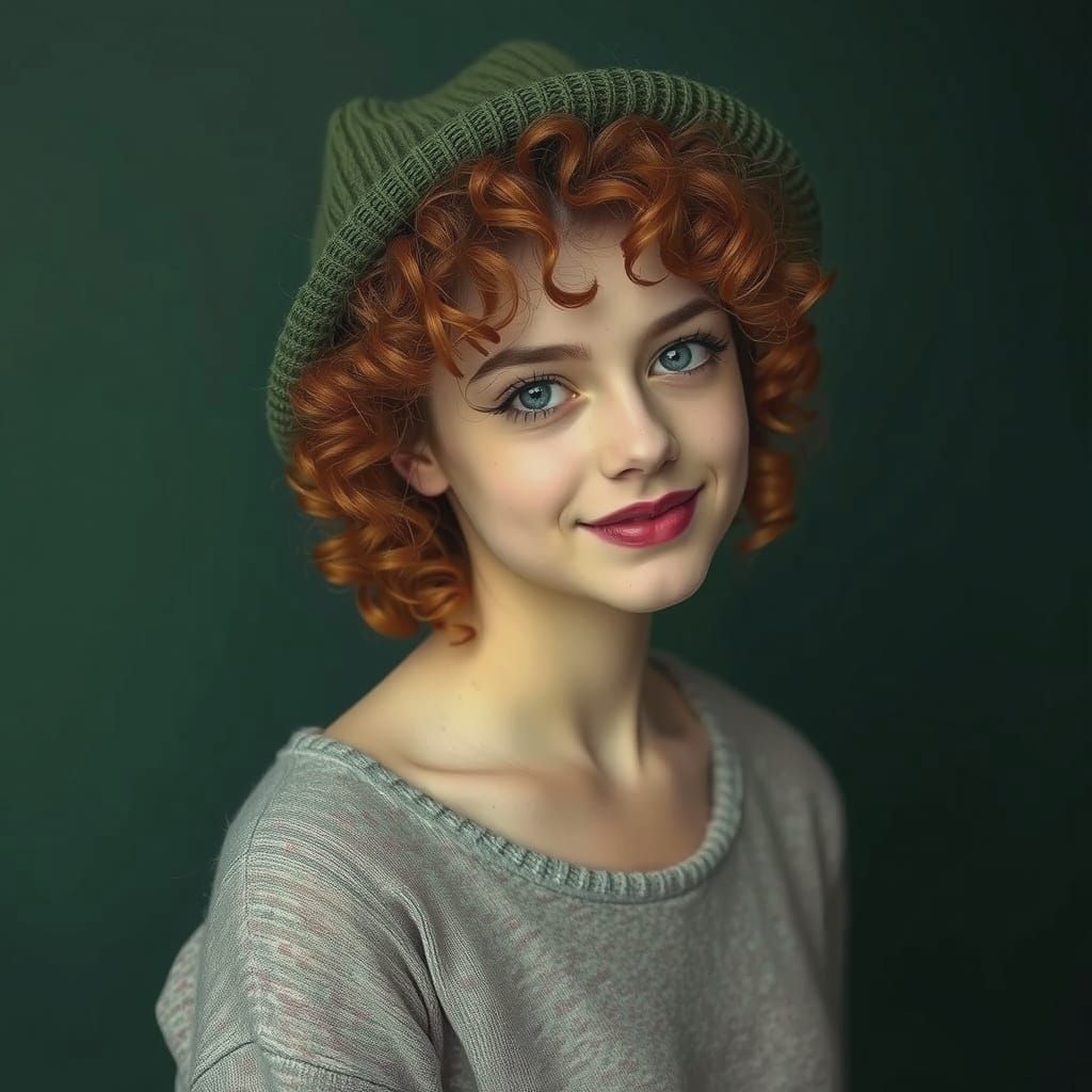 Red-Haired Girl in Green Hat, Studio Portrait
