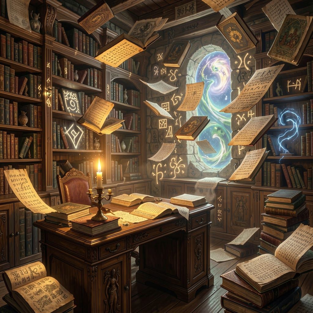 Floating Books in Ancient Library with Glowing Runes